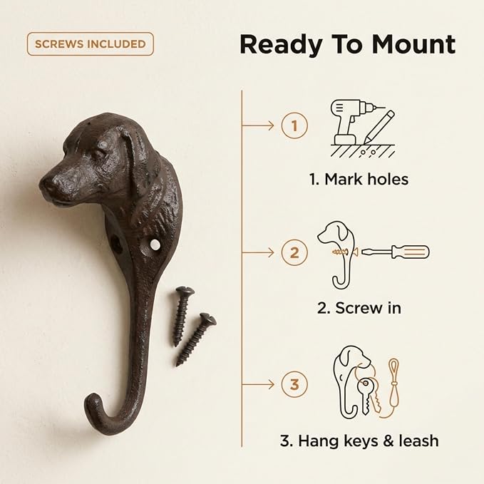 Lulu Decor Cast Iron Dog Face Wall Hooks – Set of 4 Decorative Hooks, Heavy-Duty Wall-Mounted Coat & Key Hooks, Ready to Hang