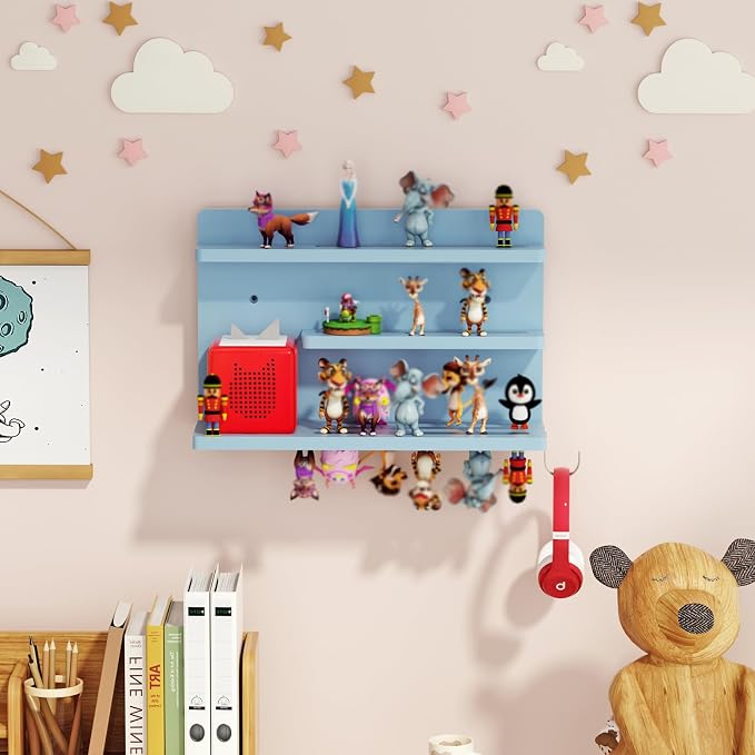 for Tonies Shelf Magnetic - 3 Tier Wooden Tonies Figure Organizer, Blue | Tonies Box Holder, Magnetic Display Shelf for Kids Room, Wall Floating Shelves Toy Storage Compatible Charging Station