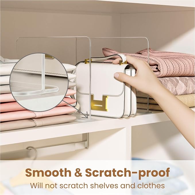 Purse Organizer for Closet Shelf Dividers: 8 Pack Acrylic Clear Vertical, T-Shaped Base, Fit Any Shelf Thickness, No Tools Needed 5-Second Install, Storage for Handbags, Clothes, Towels, 11.03"x8.07"
