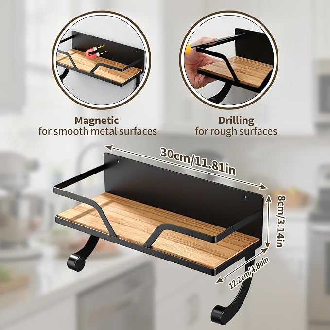 SUNTECH Black Magnetic Paper Towel Holder with Shelf, for Fridge, 11.8 in | Wood Base, Raised-Edge Design, 10 lbs Load, Magnetic or Screw Mount, Holds Spices, Toiletries, Fits Kitchen, Bathroom, RV