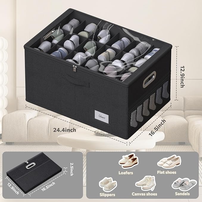 2 Pack Shoe Organizer for Closet Large Shoe Box Storage Containers with Clear Window Space Saving Shoe Bin with Foldable Bottom Support Adjustable Dividers Fits 36 Pairs (Black, (24.4*16.5*13inch)x2)
