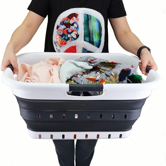 SAMMART 41L Collapsible 3 Handled Plastic Laundry Basket - Foldable Pop Up Storage Container/Organizer - Portable Basket - Space Saving Hamper/Basket (3 handled rectangular, White/Black)