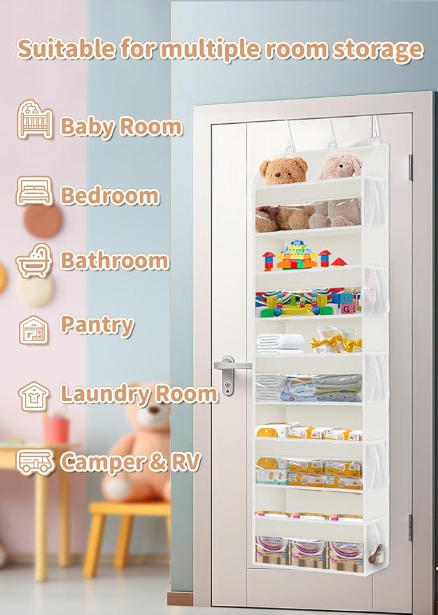 TAHAVICE 2 Pack Over the Door Storage Organizer with 5 Large Pockets | 44 lbs Weight Capacity & 10 Mesh Pockets Door Hanging Organizers and Storage for Bedroom,Bathroom,Nursery,Babyroom(Beige)