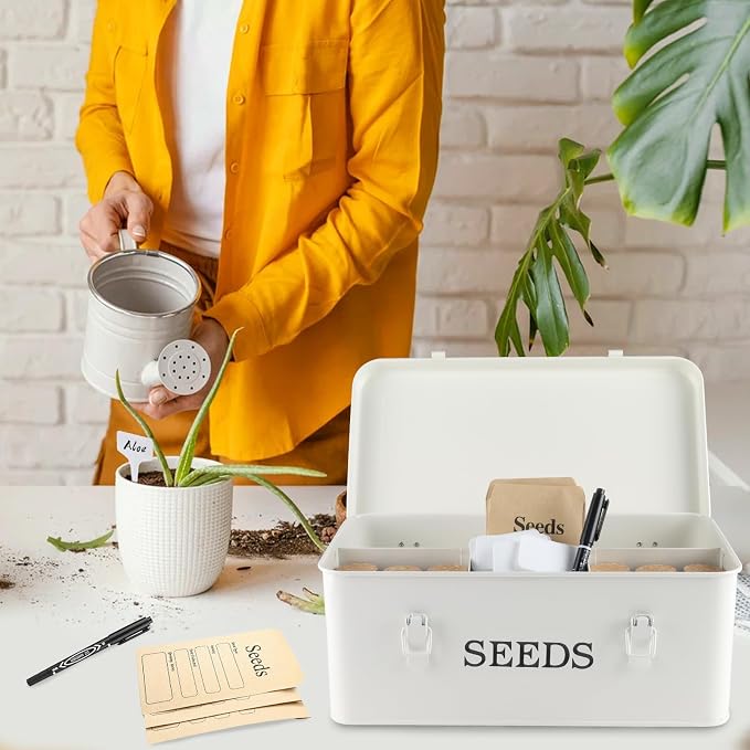 Seed Storage Organizer, 4 Compartment Seed Storage Box with Safety Lock, Metal Seed Box Seed Packet Container with 1 Pen, 12 Slots, 20 Plant Labels & 30 Seed Envelopes, White Gardening Gift