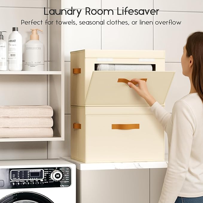 Homsorout Large Storage Bins with Lids - Front Opening Fabric Storage Bins, Flap Closet Organizer with Handles, Collapsible Boxes with Lid, Decorative Basket for Home, Dorm, 2 Pack, Beige