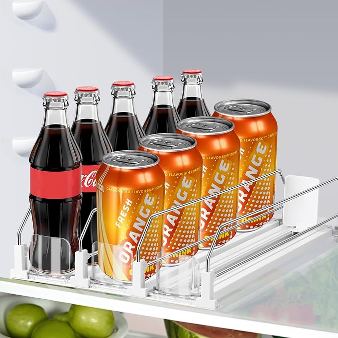 hanmir Drink Organizer for Fridge, Adjustable Width Soda Can Dispenser for Refrigerator Organizers and Storage, 3 Rows Beer Bottle Beverage Holder with Pusher Glide (14.96" D, White)
