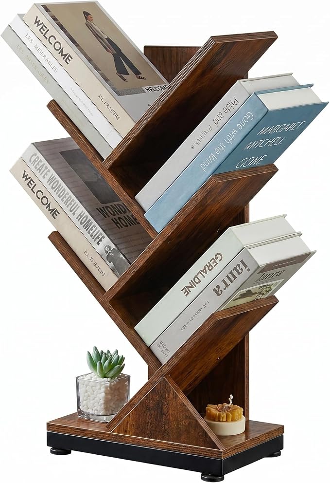 ruboka 5 Tier Tree Bookshelf, Small Bookcase 11.8"*7.4"*24" (Rustic Brown) | Retro Narrow Bookshelves for CDs/Magazines, Book Shelf for Bedroom, Living Room, Office, Balcony, Study Room