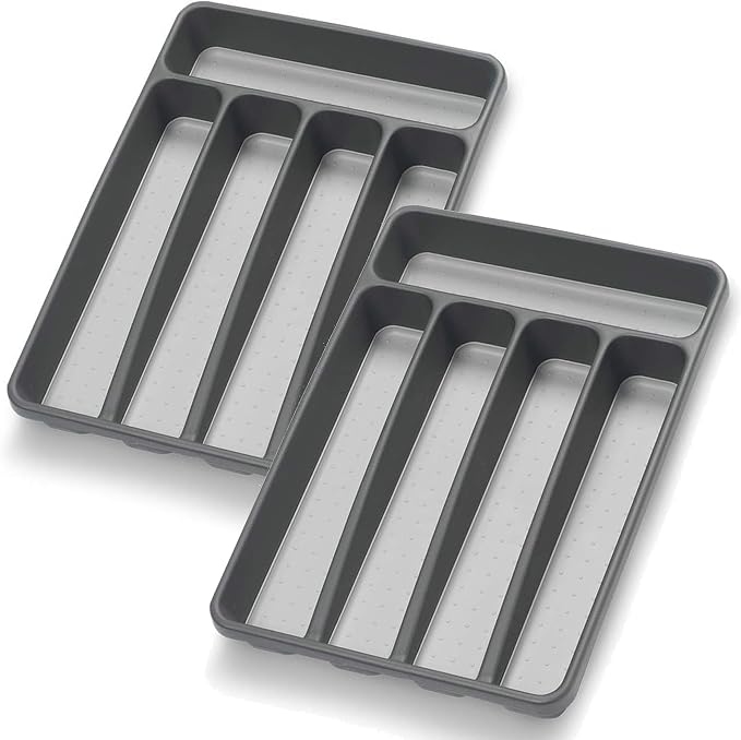 Loyareal Silverware Organizer 2 Pieces Utenisl Organizer Holder Kitchen Drawer Organizer Plastic Silverware Tray for Drawer Flatware Organizer 5 Compartment Black