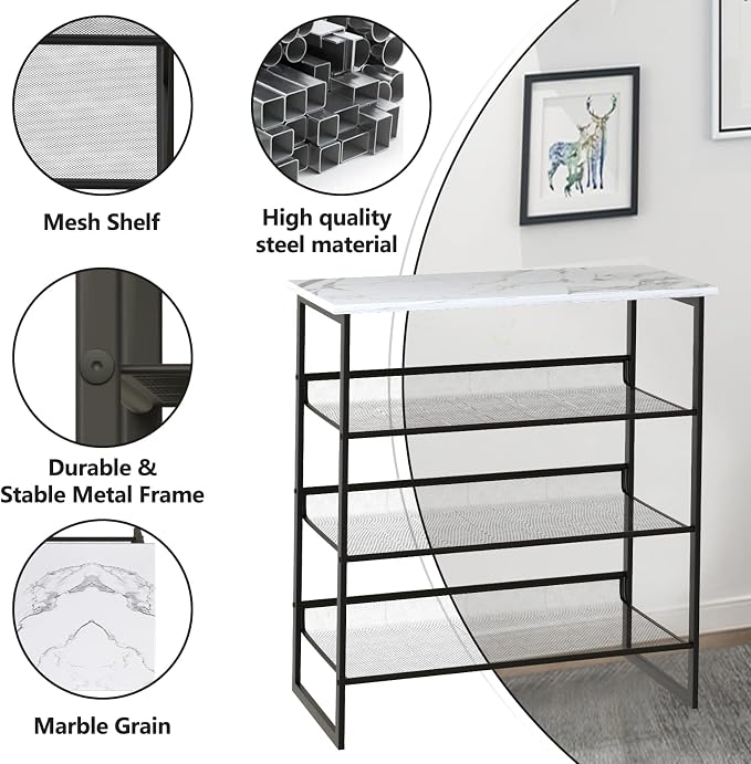 Garden 4 you Shoe Rack for Entryway 4 Tiers 11.8" D x 25" W x 28" H, Metal Shoe Rocks with White Wooden Tabletop, Angled Shoes Rack with Adjustable Mesh Shelves for Entryway Hallway Closet