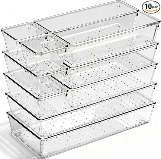 Drawer Organizer, 10 Pack Large Clear Plastic Organizer Bins 5 Sizes, Versatile Bathroom Drawer Trays, Heavy Duty Non‑Slip Drawer Dividers for Makeup, Office & Kitchen Utensils