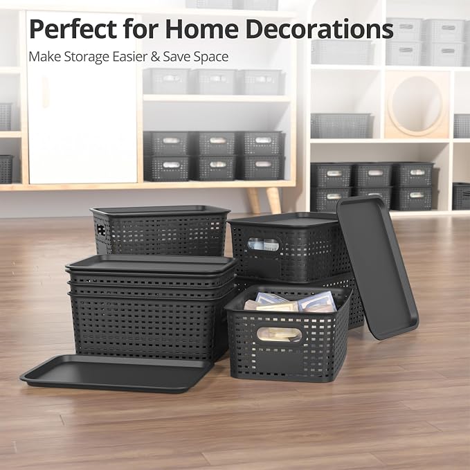 Plastic Storage Basket with Lid, Stackable Small Box Bins for Organizing and Containers for Shelves Drawers Desktop Closet Playroom Pantry Classroom Office Home, 8 Pack 10.2x7.2x4.1 Inch, Black