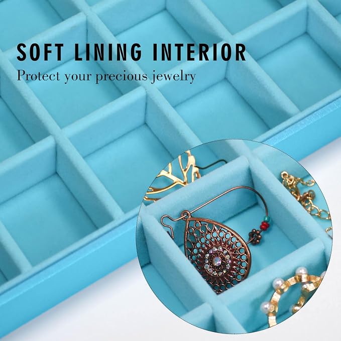 Siveit Jewelry Tray Organizer Box 48 Grid Jewelry Display Organizer Box with Transparent Lid Rings Earrings Necklaces Pendants Display Box Suitable for Women and Girls (48 Grid, Sky Blue)