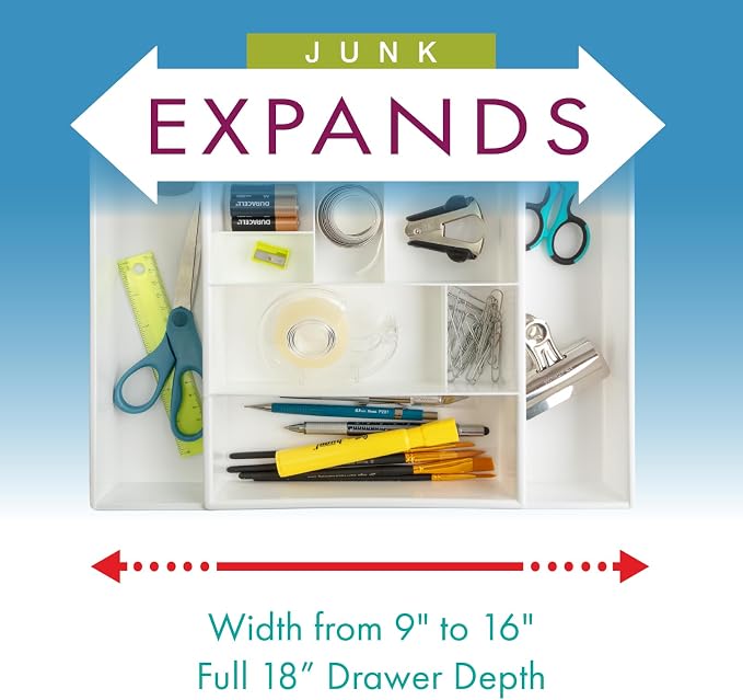 Dial Industries Expandable Junk Drawer Desk Organizer Storage Tray | Adjusts to fit narrow or wide drawers, Keeps pens, tools and small items separated, Great for desks, offices or kitchens
