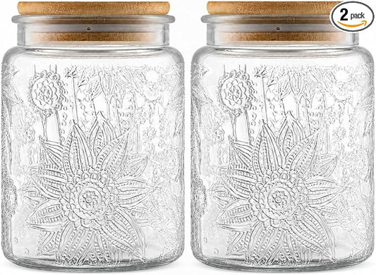 ANSQU 2 Pack Vintage Glass Storage Jar, 23.7 FL OZ Glass Food Storage Containers with Bamboo Lid, Candy Jars with Lids for Kitchen Counter, Pantry, Coffee, Tea, Sugar