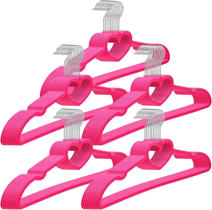 Qunclay 50 Pcs Hot Pink Velvet Heart Hangers, Non-Slip Felt Clothes, Heavy Duty Sturdy Heart Clothes Coat Hanger, Cute Kawaii Room Decor for Adult Women, Space Saving No Hanger Mark, 360° Swivel Hook