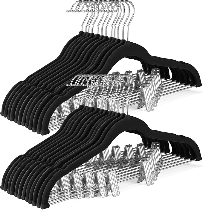 HOUSE DAY Velvet Skirt Hangers 48 Pack, Black Hanger with Adjustable Clips | Space Saving Slim Felt Pant Hanger, Heavy Duty Shorts Hanger, Non Slip Clip Hangars for Pants, Skirts, Shorts, Outfit