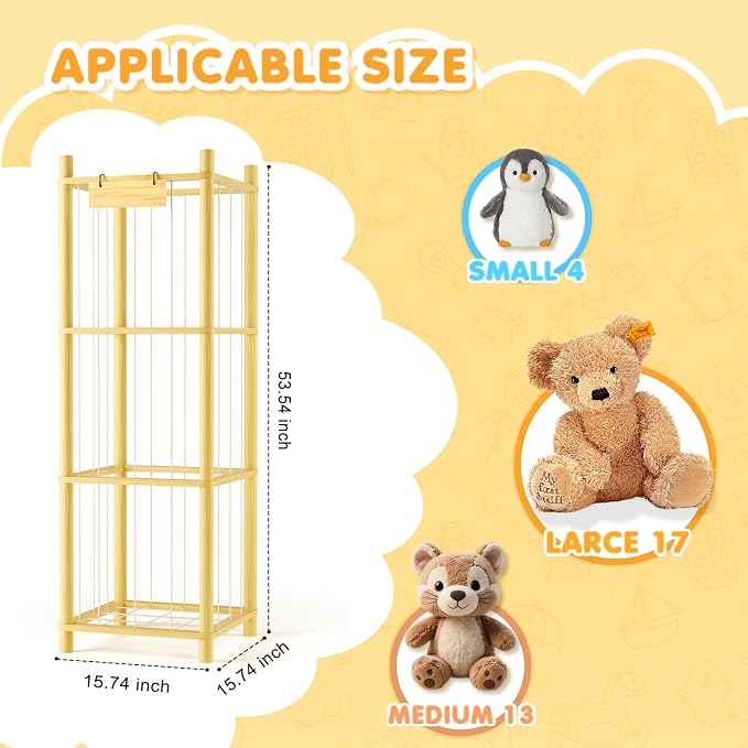 Stuffed Animal Storage Zoo Organizer Natural Pine Plushies Storage with Elastic Bands Vertical Wood Toy Holder Mesh Net Space Saving Design for Playroom Nursery Kids Bedroom