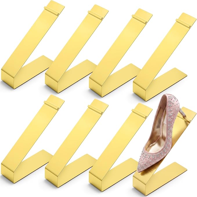 Therwen 8 Pcs Gold Shoe Display Stand Shoe Rack Stainless Steel Golden Metal Riser High Heel Display Rack Holder for Home Shopping Malls (Shape V Extended,Golden)