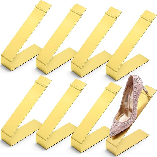 Therwen 8 Pcs Gold Shoe Display Stand Shoe Rack Stainless Steel Golden Metal Riser High Heel Display Rack Holder for Home Shopping Malls (Shape V Extended,Golden)
