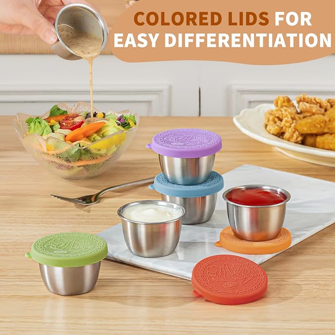 8 Pack - 2.4 Oz Small Salad Dressing Containers To Go, Sauce Cups with Lids | Food-grade stainless steel, leakproof reusable, BPA-free silicone, for lunch boxes, Kitchen storage, Picnic & meal prep
