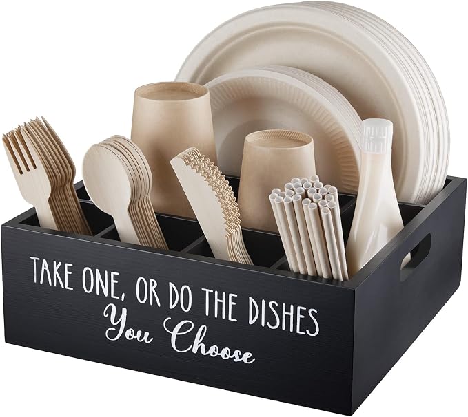 ALELION Paper Plate Dispenser for Countertop - Wooden Utensil Holder Organizer for Party - Silverware Caddy for Plate, Cup, Fork, Spoon - Cutlery Holder with Handles for Kitchen Camping Buffet