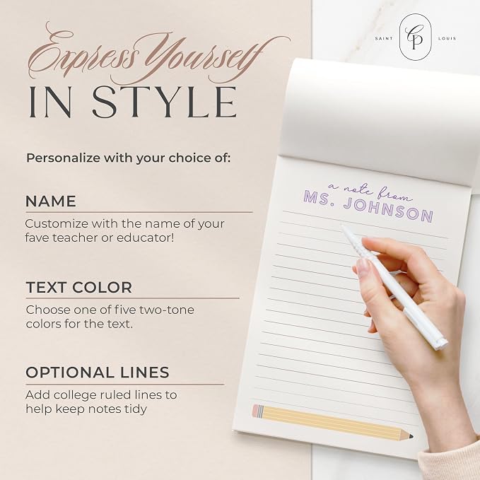 Curio Press Personalized Notepad 50 or 100 Sheets, Custom Stationery Note Pad 3 Sizes - Custom Lined/Unlined Teacher Gifts Appreciation with Name Teacher Stationery For Women and Men - Take Note Pad
