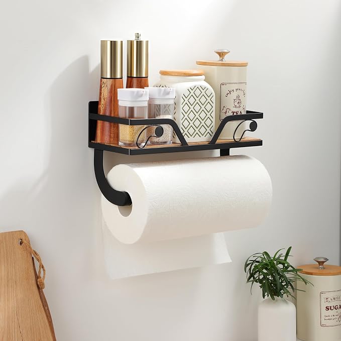 SUNTECH Magnetic Paper Towel Holder for Fridge, Black Kitchen Roll Holder with Shelf Wall Mount, Magnetic Spice Rack Organizer with Funny Memes for Kitchen, RV, Garage