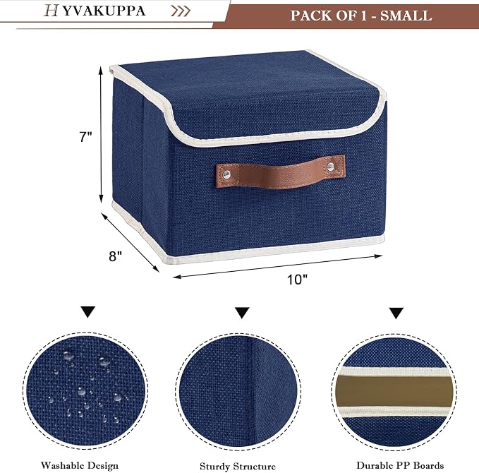 Collapsible Storage Boxes Baskets with Lid Cotton Linen Fabric Storage Bins with Faux Leather Handles Decorative Washable Cube Organizer Container for Home Closet Bedroom (Blue, Small Size)