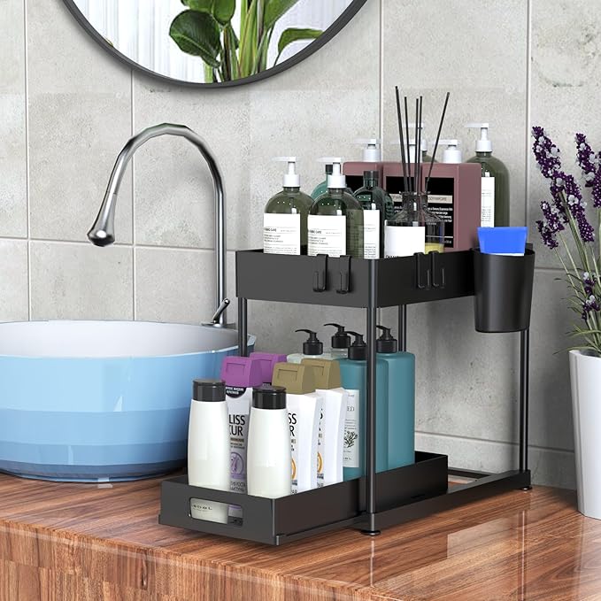 2 Pack Under Sink Organizer with Pull-Out Drawer, Black | 2-Tier Cabinet Storage, Kitchen & Bathroom, Tool-Free Assembly, Fits Cleaning Supplies & Toiletries, Space Saving