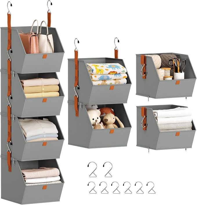 Homsorout Hanging Closet Organizer 4 Tier - Clothes Hanging Shelves, Space-Saving Closet System, Fabric Storage Bins Bedroom Organization, Collapsible Baskets for Home, Dorm, Rv, Grey