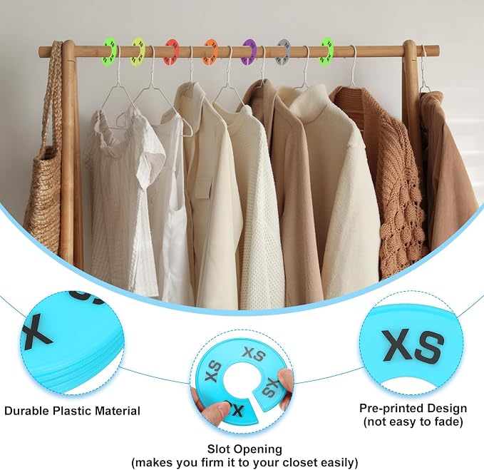 PATIKIL Clothes Dividers for Hanging Clothes, 40 Pack 8 Sizes Round Pre-written Clothing Rack Dividers Size Mark Label Sorting Separator for Closet, Sky Blue