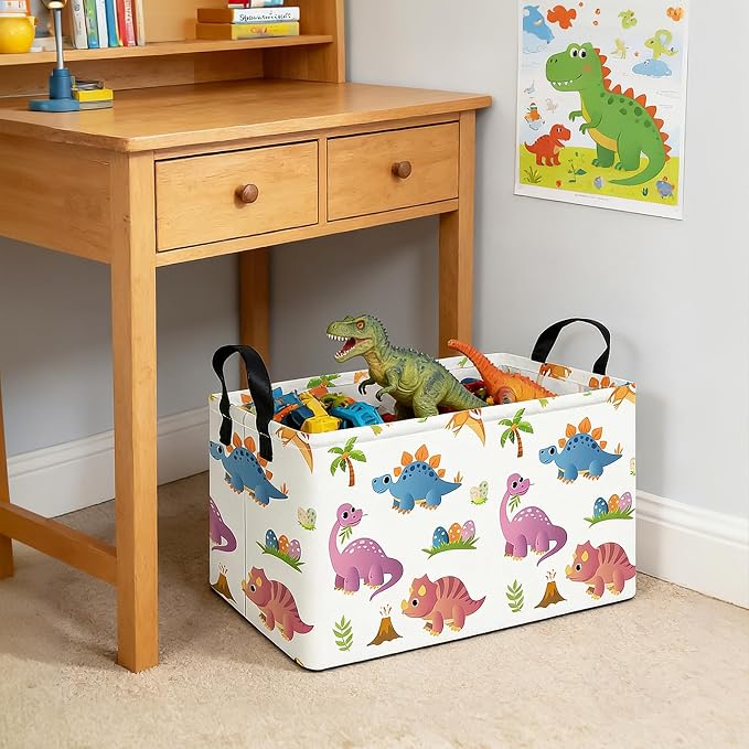 Rectangular Collapsible Cute Dinosaur Storage Basket Toy Organizer | Storage Bin Foldable Canvas with Handles for Organizing Home Kitchen Children Toys Office Closet Shelf Baskets