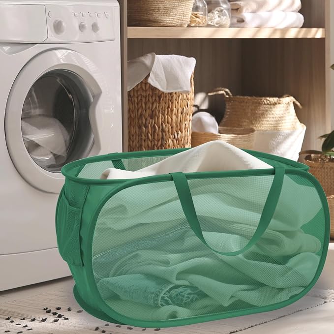Pop Up Laundry Hamper,Collapsible Horizontal Baskets with Handles & Side Pocket,Foldable Sturdy mesh for Laundry Room,Bathroom,Kids Room,College Dorm Travel (Green)