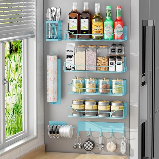 Magnetic Spice Rack for Refrigerator,8 Pack Magnetic Fridge Shelf, Moveable Spice Organizer with Hook Rack, Paper Towel Holder, Utensil Holder,cup lid holder, Super Magnetic Rack Set (Blue)