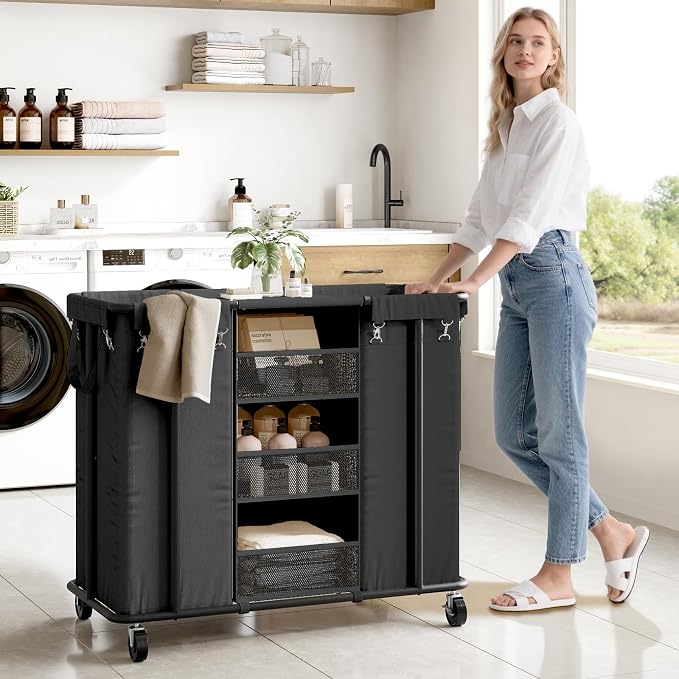 WOWLIVE Laundry Sorter 2 Section, 200L Rolling Laundry Hamper with Wheels | Laundry Cart with Steel Frame, Laundry Basket with Hanging and Removable Bag, Storage Unit Basket Organizer for Dorm, Black