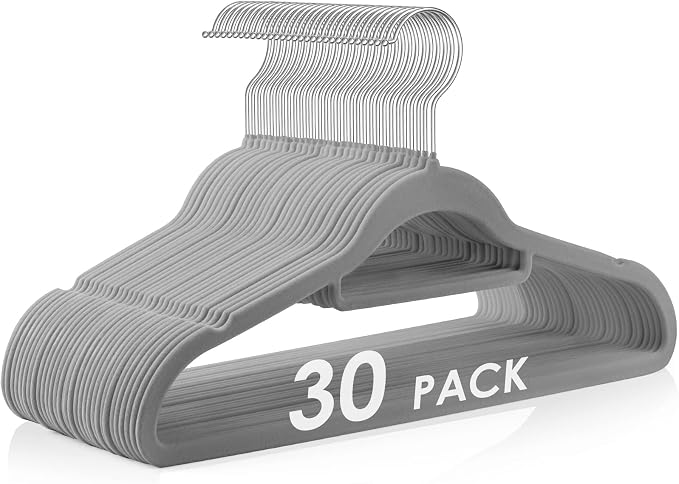 DUDUCOFU Velvet Hangers Non Slip Felt Hangers, 30 Pack Grey Velvet Clothes Hangers Space Saving Slim with 360 Degree Swivel Hook for Suits Coats, Jackets, Pants, and Dress Clothes
