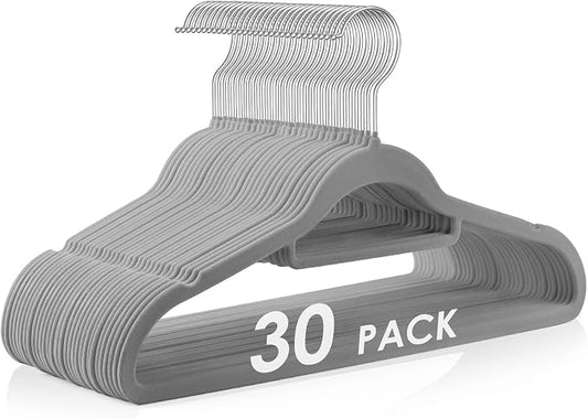 DUDUCOFU Velvet Hangers Non Slip Felt Hangers, 30 Pack Grey Velvet Clothes Hangers Space Saving Slim with 360 Degree Swivel Hook for Suits Coats, Jackets, Pants, and Dress Clothes