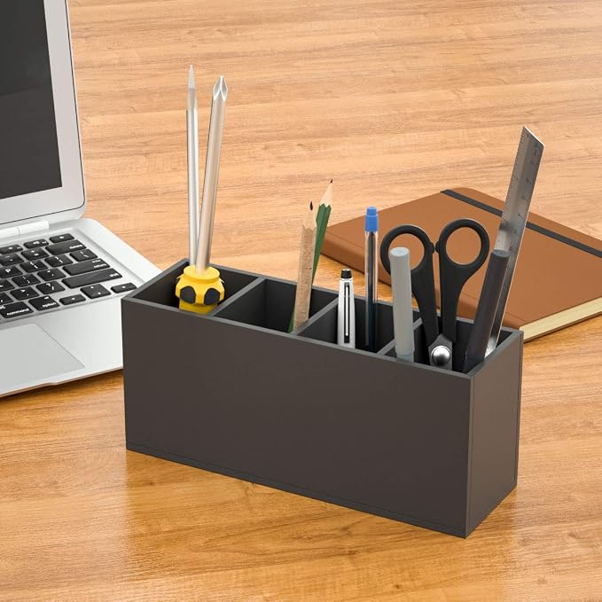 NIUBEE Acrylic Pen Holder 4 Compartments, Black Pencil Organizer Cup for Countertop Desk Accessory Storage (Black)