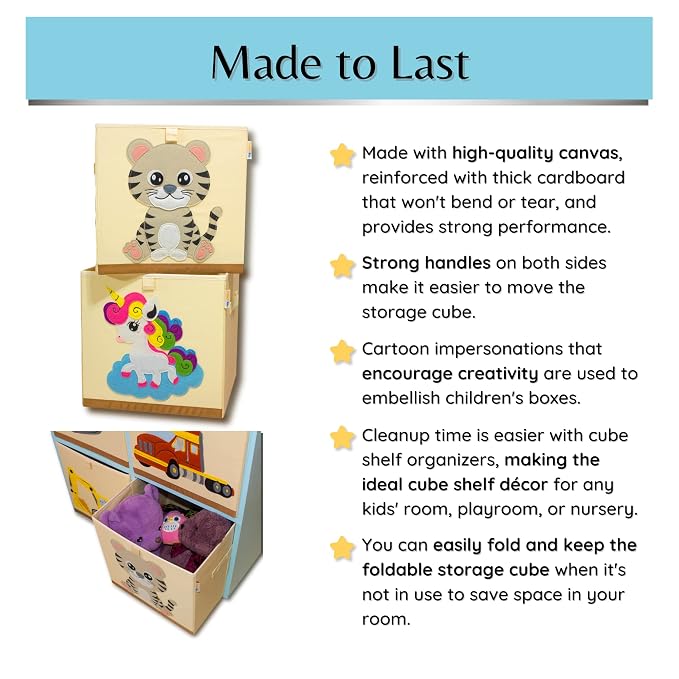 Washable Toy Organizers and Storage, Canvas Toy Chest Organizer Foldable Kids Toy Storage Organizers for Child's Bedroom or Playroom -13x13x13 Inch (Tiger Cub)