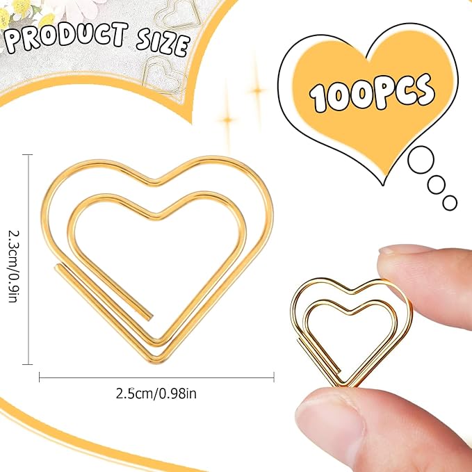 Adullpony Cute Metal Heart Paper Clips: Love Shape Gold Binder Paperclips Mini Bookmark 100Pcs Document Note Sorting Organizer for Wedding Decorative Office Supplies