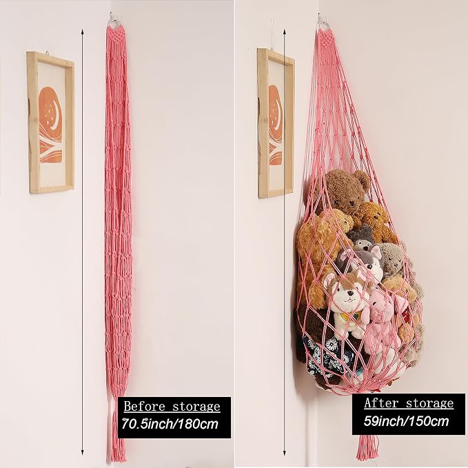 Amdermi Novel Stuffed Animal Hammock Corner Hanging Net for Stuff Aniaml Storage Macrame Toy Display Plush Toy Holder-Perfect for The Tiny Space Walls (pink, XXL)