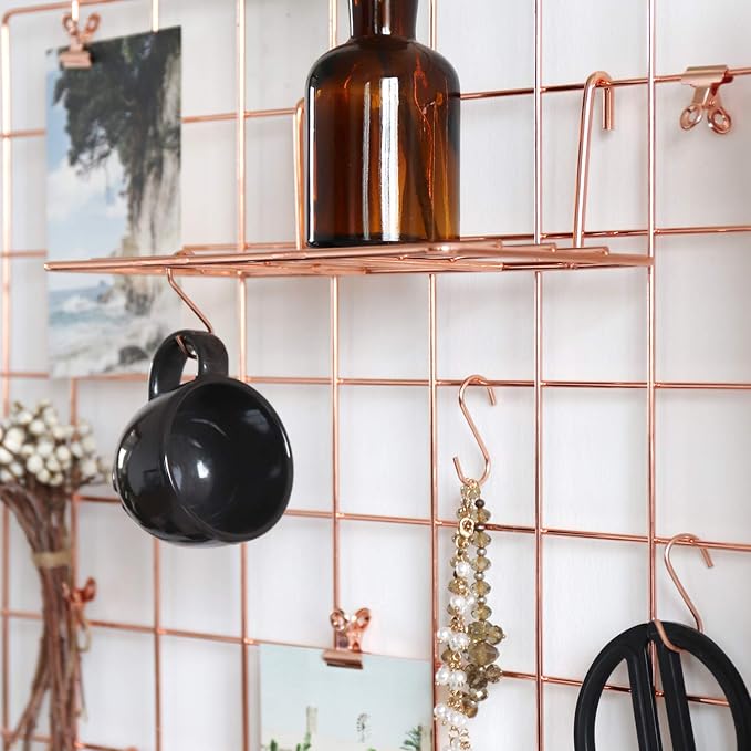 Rose Gold Grid Basket with Hooks,Bookshelf,Display Shelf for Wall Grid Panel,Wall Mount Organizer and Storage Shelf Rack for Home Supplies,1 Set of 3 (Rose Gold)