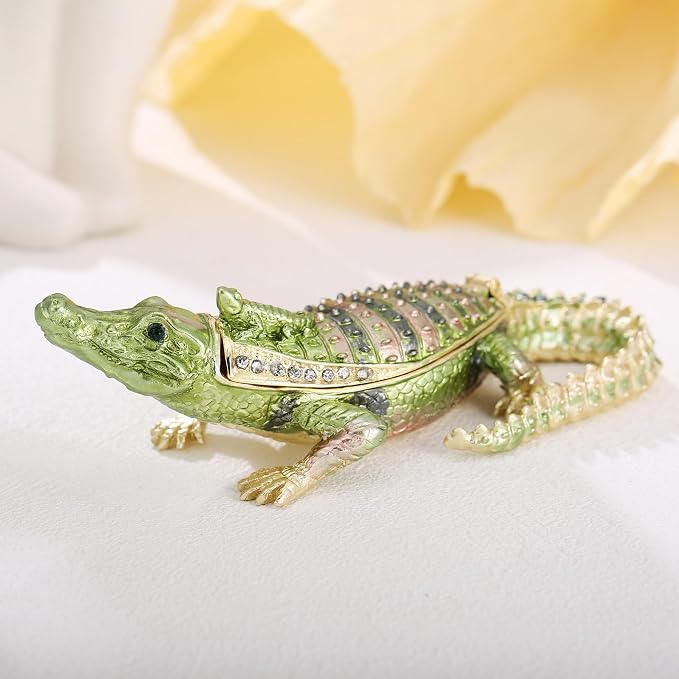 Hand Painted Animal Trinket Box for Home Decor, Hinged Jewelry Organizer Storage, Unique Personalized Collectible Keepsake Figurine Handmade Decorative Ornament Gifts (Crocodile)
