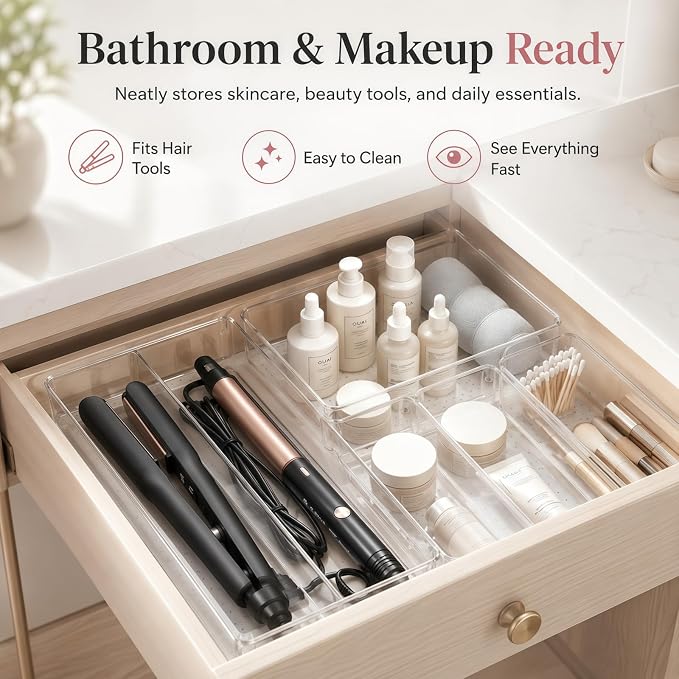 Drawer Organizer, 10 Pack Large Clear Plastic Organizer Bins 5 Sizes, Versatile Bathroom Drawer Trays, Heavy Duty Non‑Slip Drawer Dividers for Makeup, Office & Kitchen Utensils