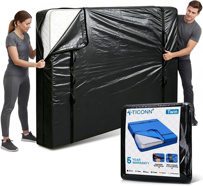 TICONN Mattress Bags for Moving, Heavy Duty Twin Mattress Cover Storage Bag with Full-Around Handle and Adjustable Buckles (Black, Twin)