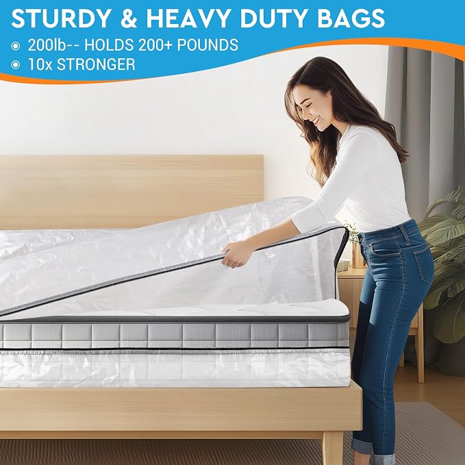 2 Packs Queen Size Clear Mattress Encasement, Tear-Resistant Mattress Protector - Extra Thick Waterproof Moving Bag, 200LB Capacity with Heavy-Duty Zippers & Padded Handles