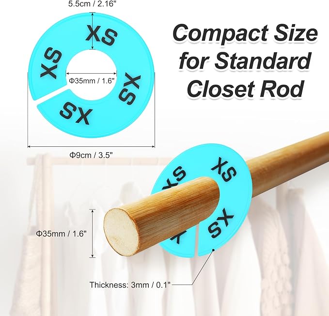 PATIKIL Clothes Dividers for Hanging Clothes, 40 Pack 8 Sizes Round Pre-written Clothing Rack Dividers Size Mark Label Sorting Separator for Closet, Sky Blue