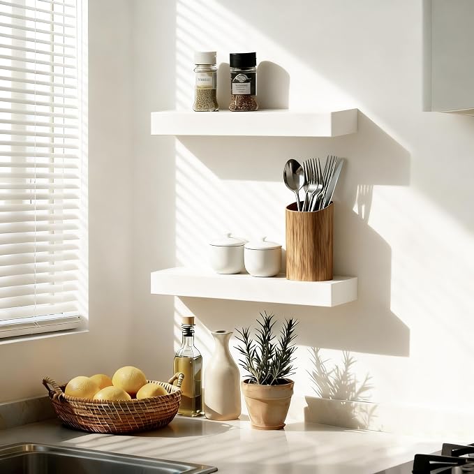 Floating Shelves for Wall(Set of 2)-16 Inch White Wood Wall Shelf with Invisible Brackets for Bathroom,Bedroom,Drawingroom,Kitchen for Decor(White 2pcs)