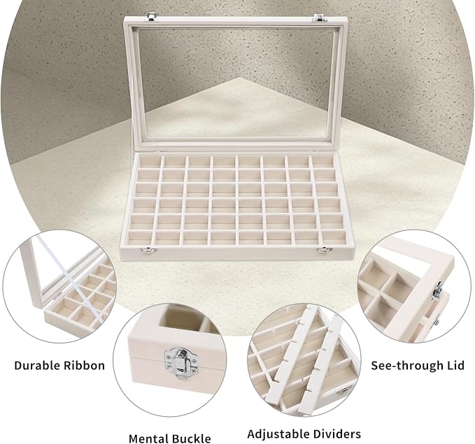 Stratalife Jewelry Organizer 48 Grid Jewelry Trays with Dust-proof Lid Velvet Earring Organizer Ring Holder Accessories Box Necklaces Earrings Storage for Women Drawers Cream