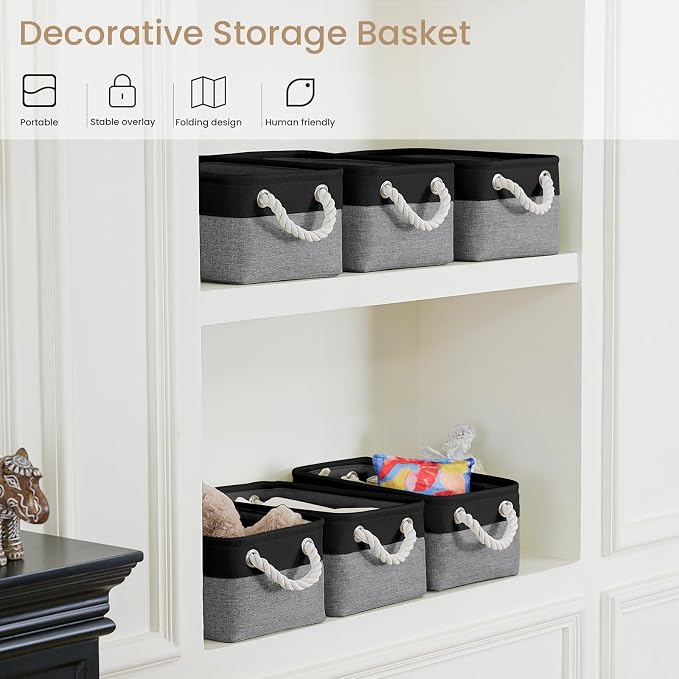 Storage Baskets for Shelves 11.8x7.9x5.2 Inch, Foldable Fabric Storage Bins with Handles, Small Storage Baskets for Organizing Closet, Office, Home Organization (6-Pack, Black&Gray)